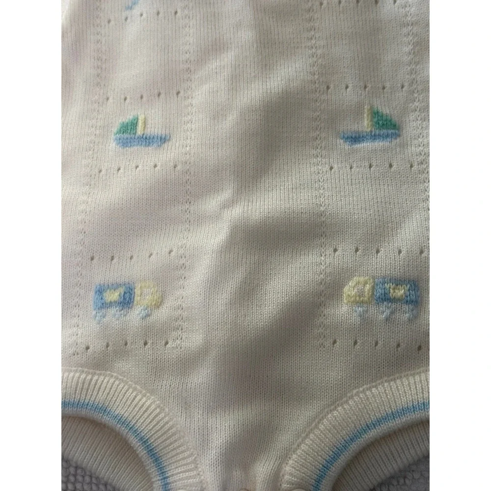 Carriage Boutiques Vintage Knit Romper White Blue Airplane Sailboat Truck 3-6M